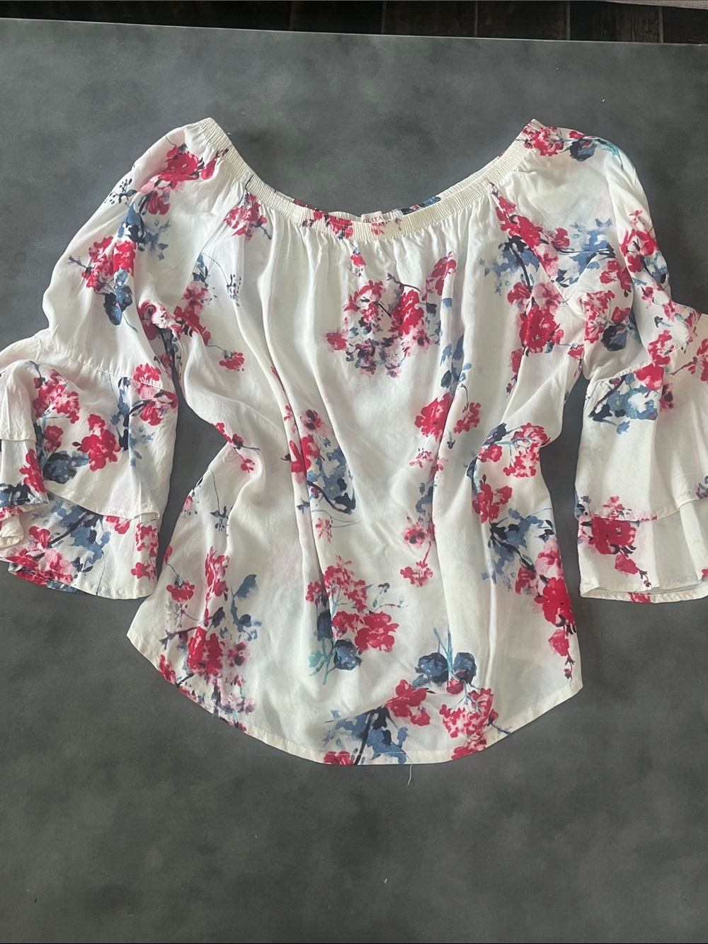 Solitaire White Off-Shoulder Floral Blouse with Pink & Blue